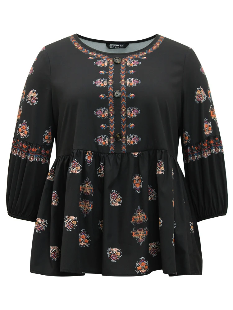 Bohemian Print Lantern Sleeve Button Detail Blouse