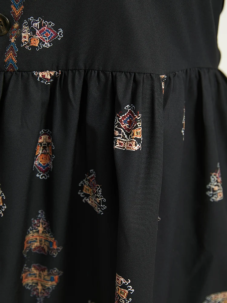 Bohemian Print Lantern Sleeve Button Detail Blouse