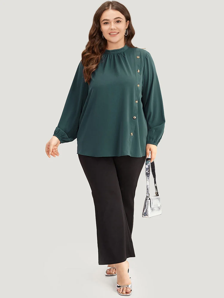 Anti-Wrinkle Asymmetrical Button Gathered Blouse