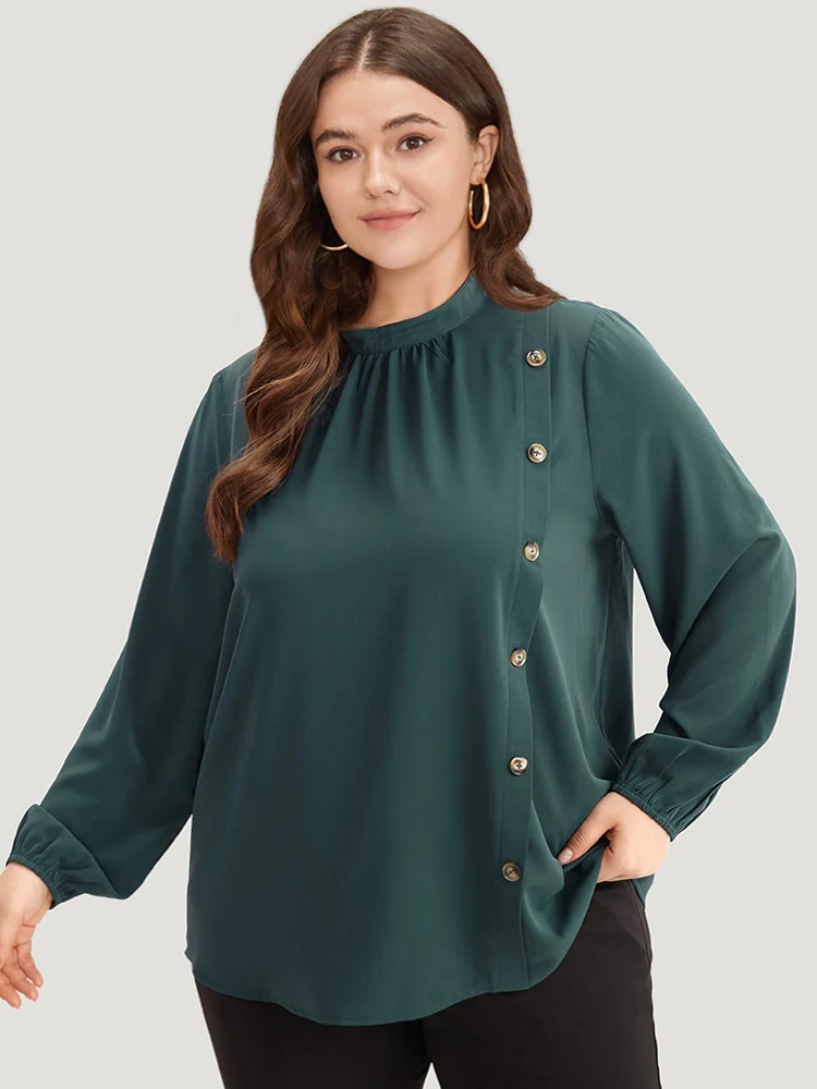 Anti-Wrinkle Asymmetrical Button Gathered Blouse
