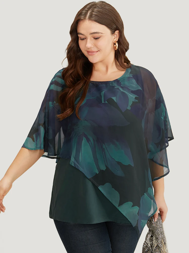 Floral Mesh Asymmetrical Dolman Sleeve Blouse