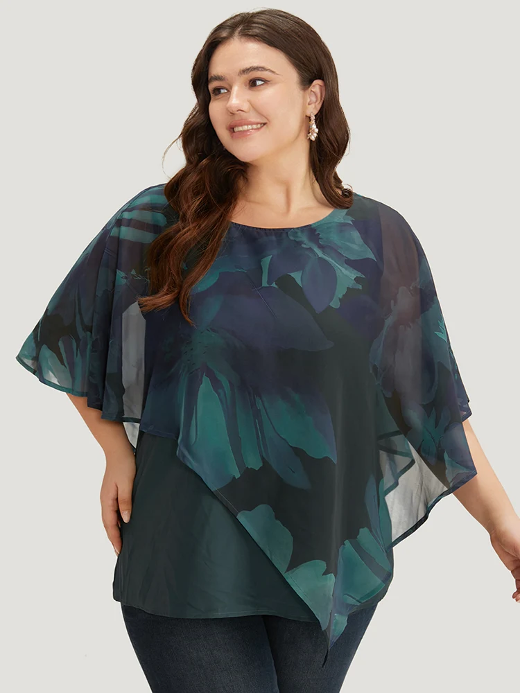 Floral Mesh Asymmetrical Dolman Sleeve Blouse