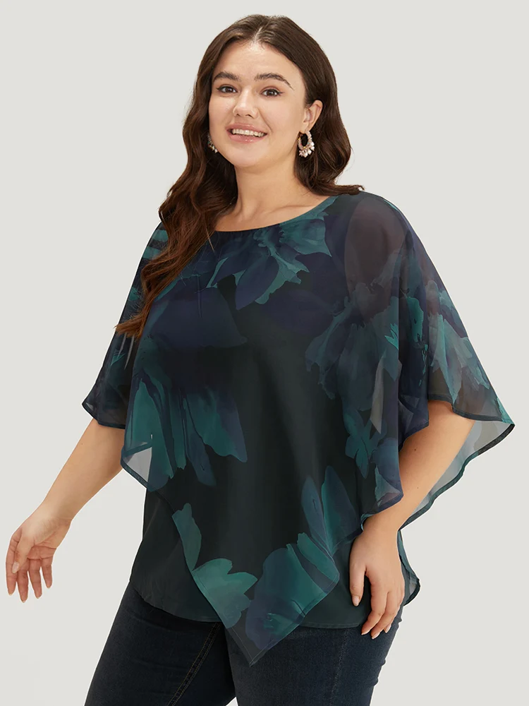 Floral Mesh Asymmetrical Dolman Sleeve Blouse