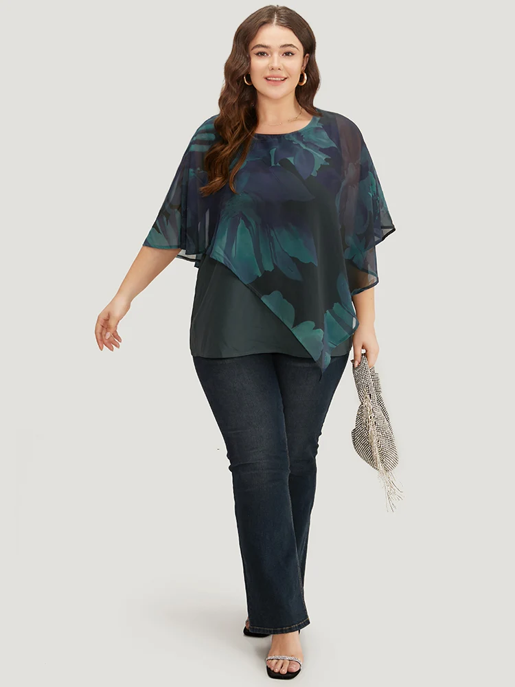 Floral Mesh Asymmetrical Dolman Sleeve Blouse