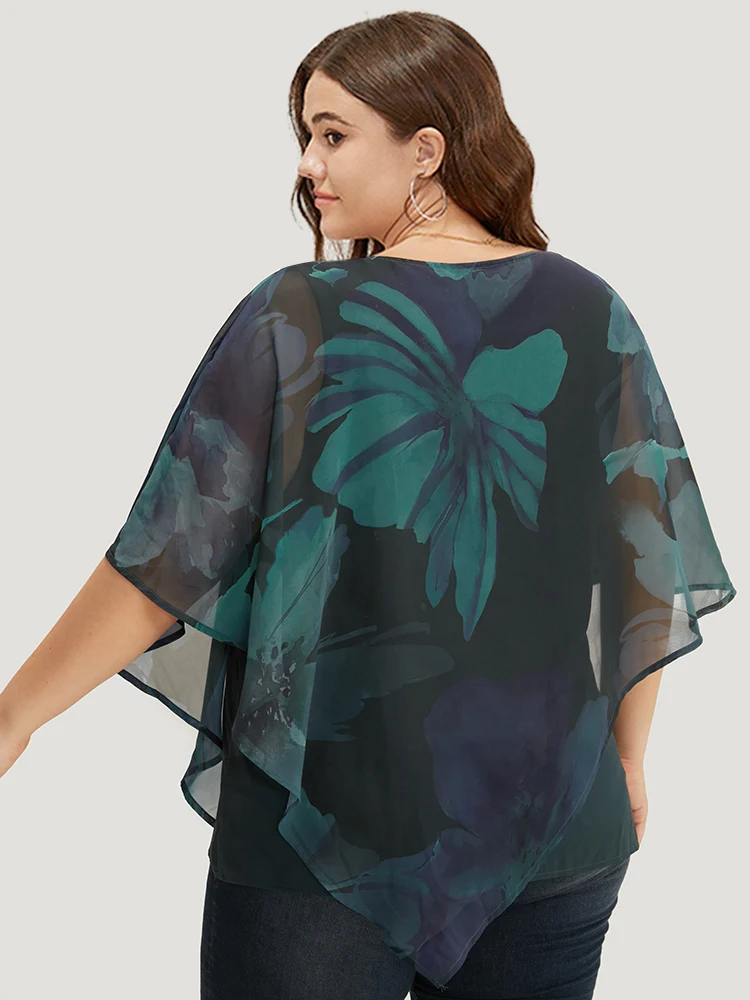 Floral Mesh Asymmetrical Dolman Sleeve Blouse