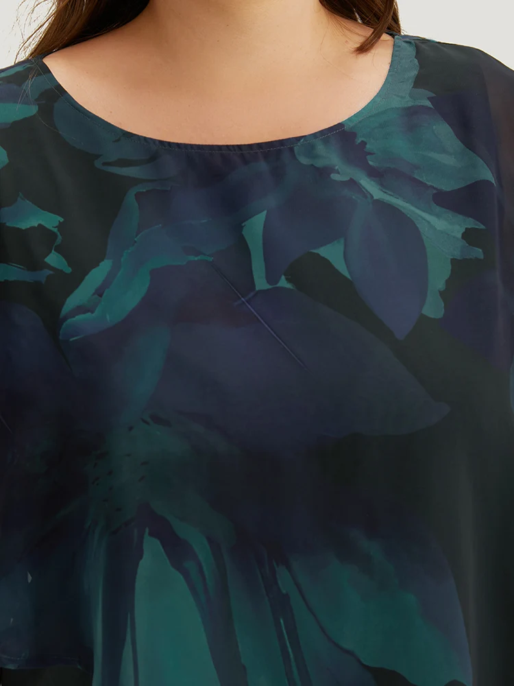 Floral Mesh Asymmetrical Dolman Sleeve Blouse