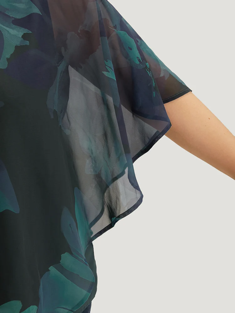 Floral Mesh Asymmetrical Dolman Sleeve Blouse