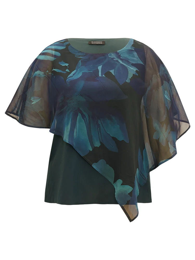Floral Mesh Asymmetrical Dolman Sleeve Blouse