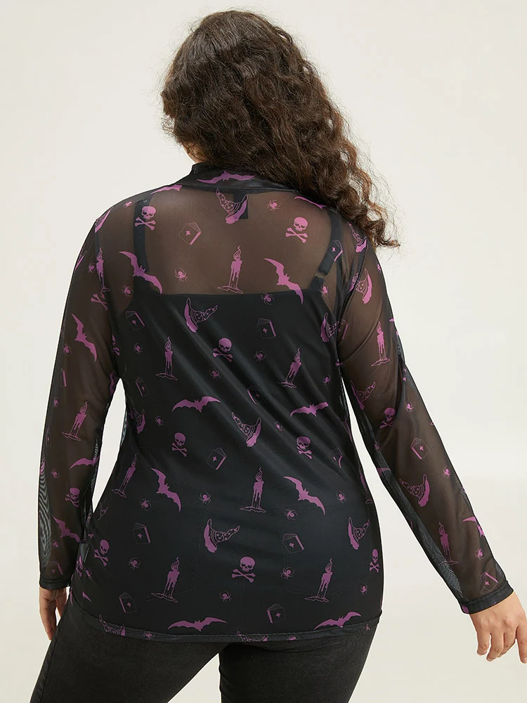 Mock Neck Skull Print Mesh T-shirt