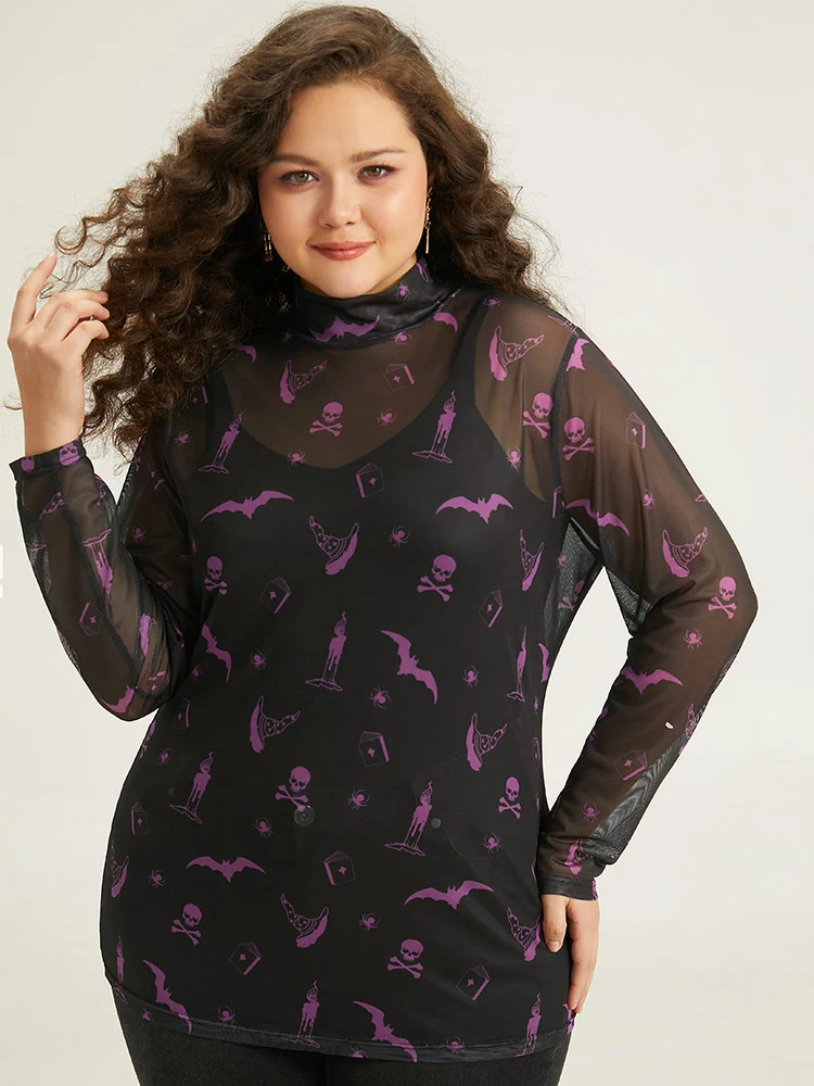 Mock Neck Skull Print Mesh T-shirt