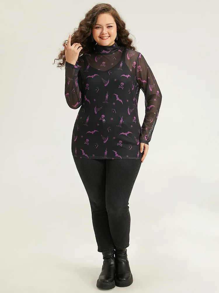 Mock Neck Skull Print Mesh T-shirt
