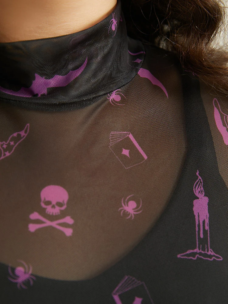Mock Neck Skull Print Mesh T-shirt