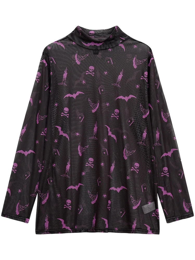 Mock Neck Skull Print Mesh T-shirt
