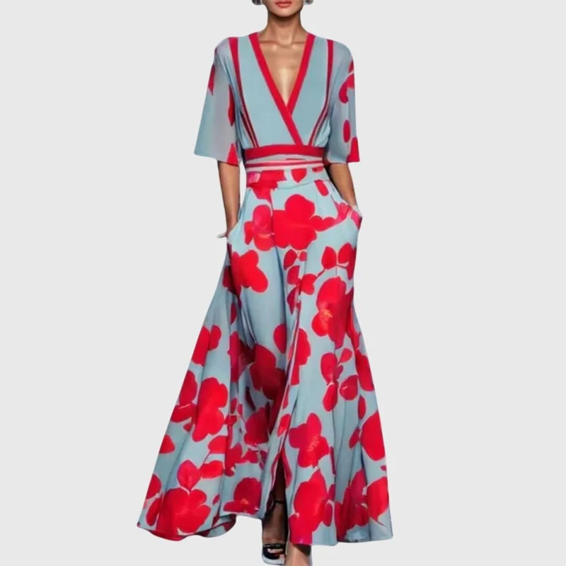 Robe longue plissée imprimée à col en V pour femmes