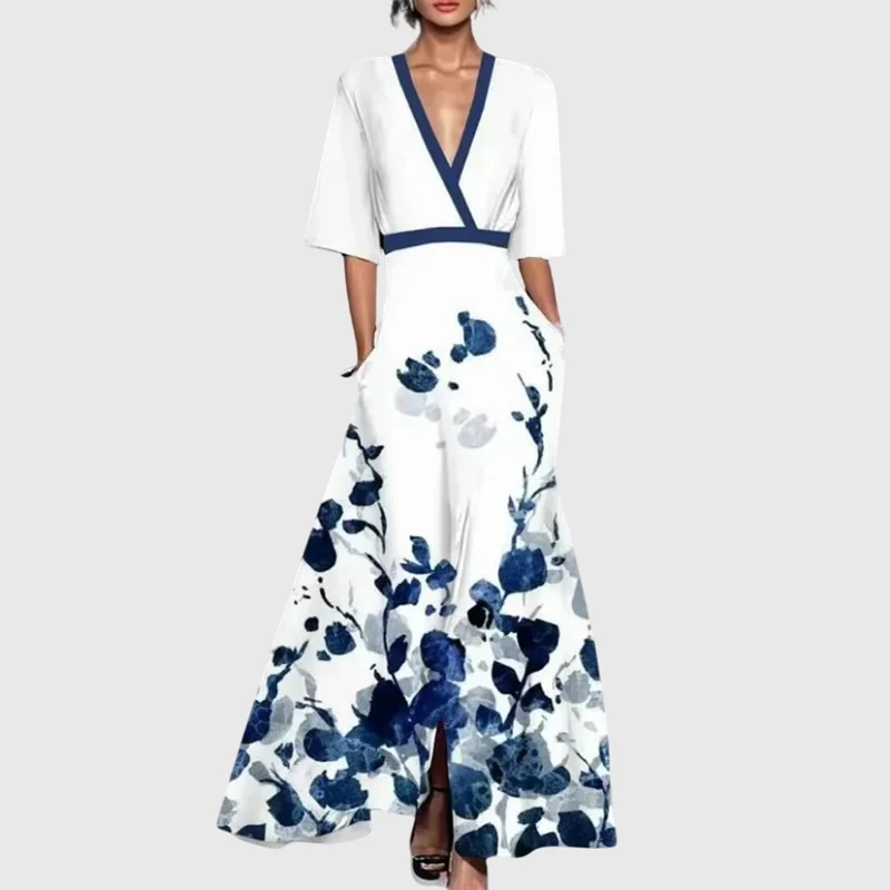 Robe longue plissée imprimée à col en V pour femmes