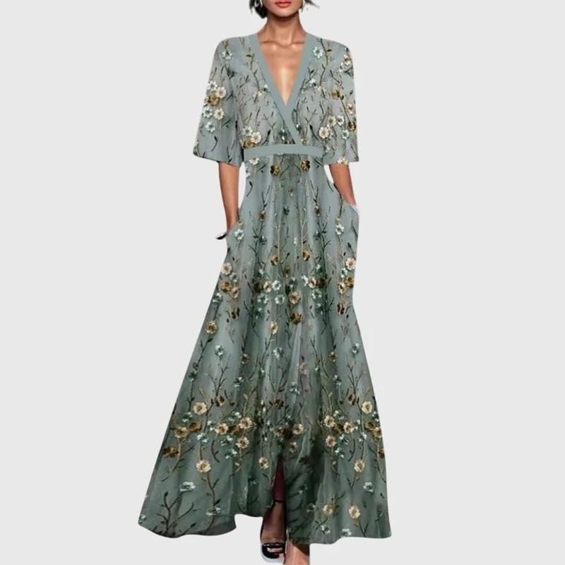 Robe longue plissée imprimée à col en V pour femmes