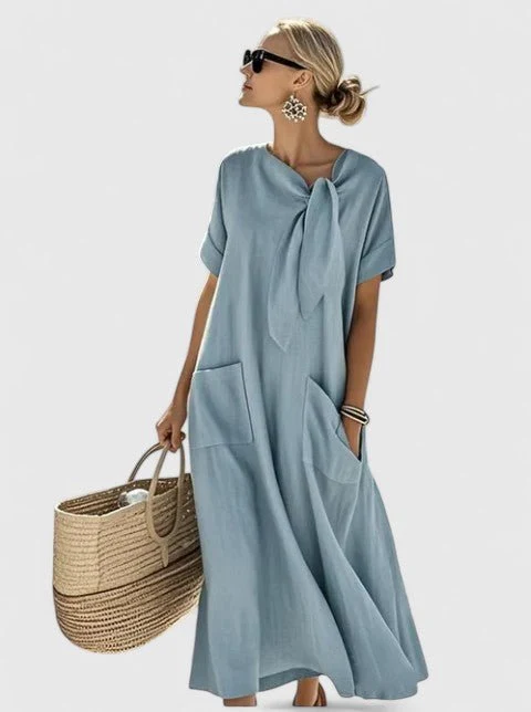 Robe longue à manches courtes avec nœud et poches pour femmes