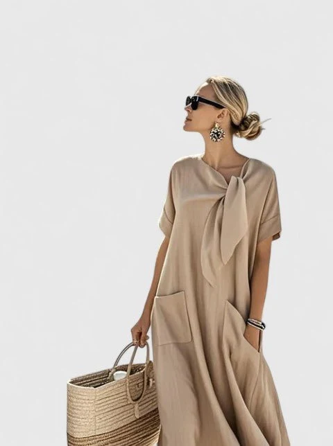 Robe longue à manches courtes avec nœud et poches pour femmes