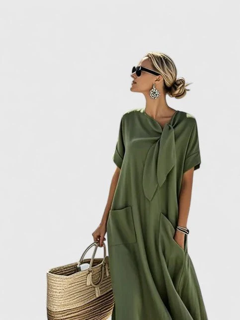 Robe longue à manches courtes avec nœud et poches pour femmes
