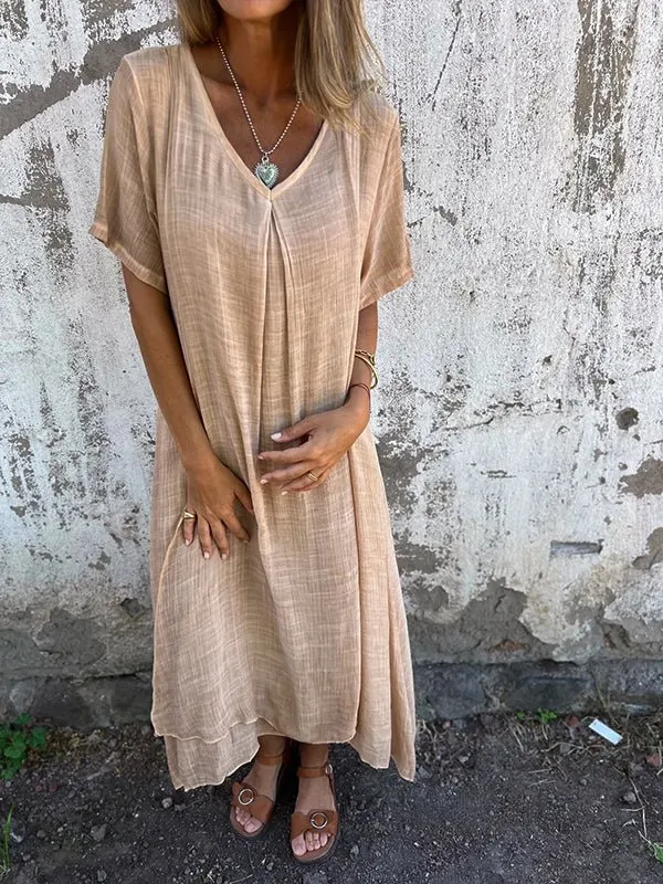 Robe longue en coton et lin à col en V pour femmes