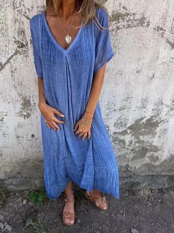 Robe longue en coton et lin à col en V pour femmes