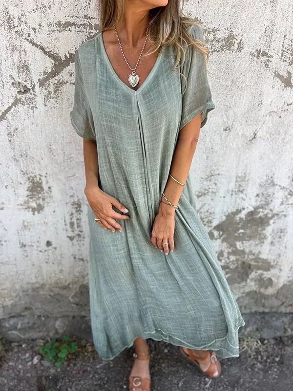 Robe longue en coton et lin à col en V pour femmes