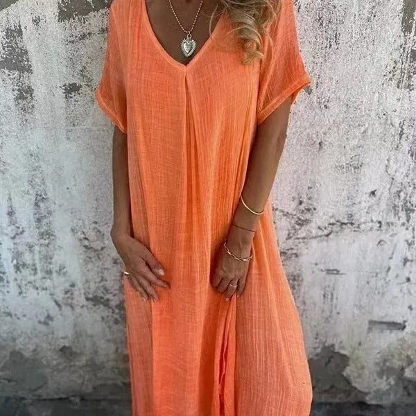 Robe longue en coton et lin à col en V pour femmes