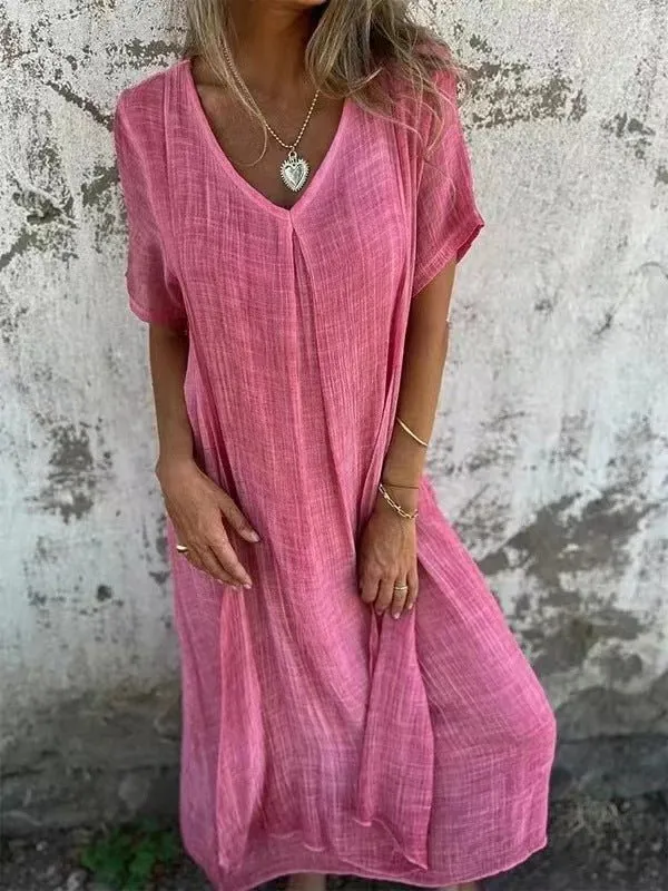 Robe longue en coton et lin à col en V pour femmes