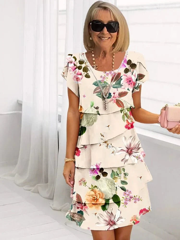 Robe mi-longue plissée à volants avec imprimé floral pour femmes