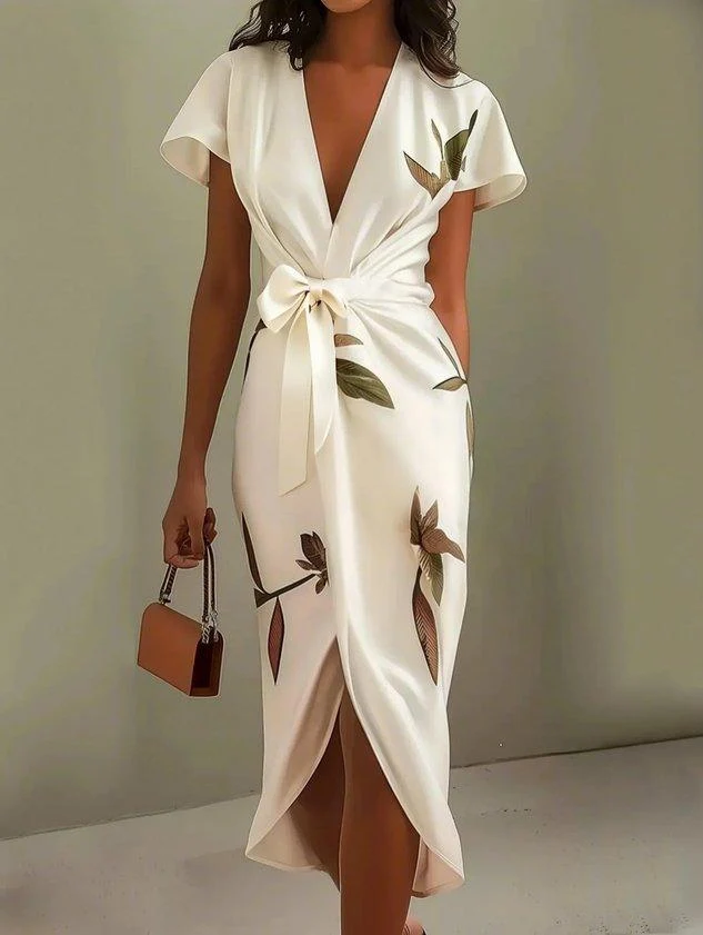 Robe portefeuille satin imprimée pour femmes