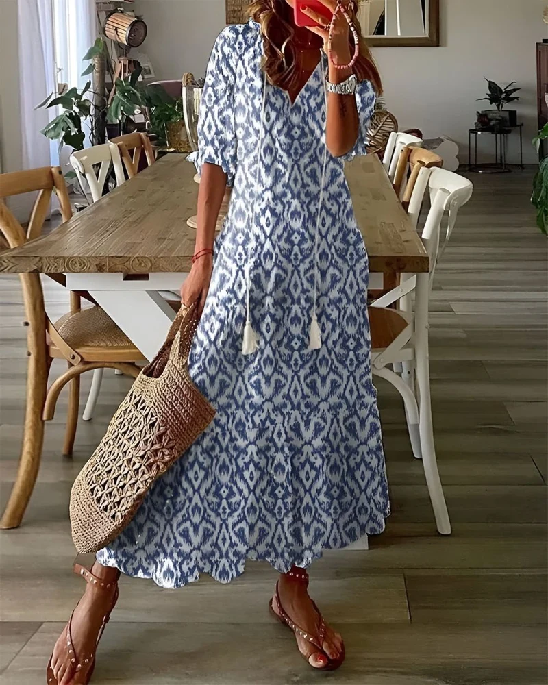 Robe longue imprimée à col en V pour femmes