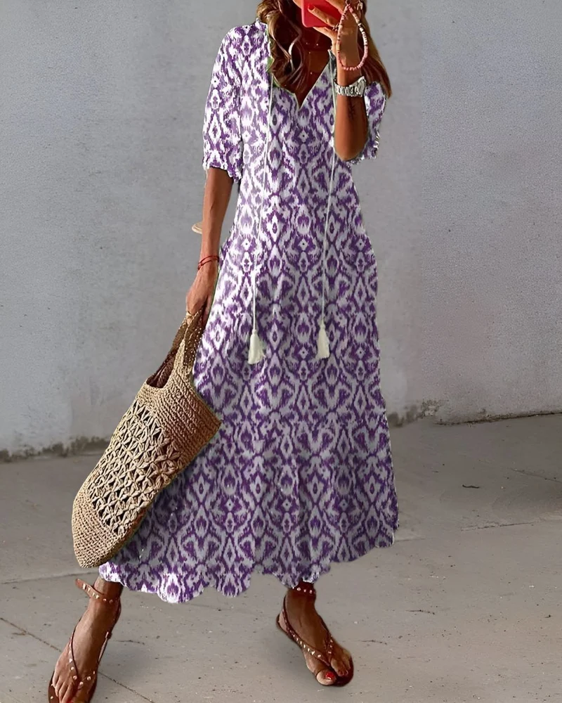 Robe longue imprimée à col en V pour femmes