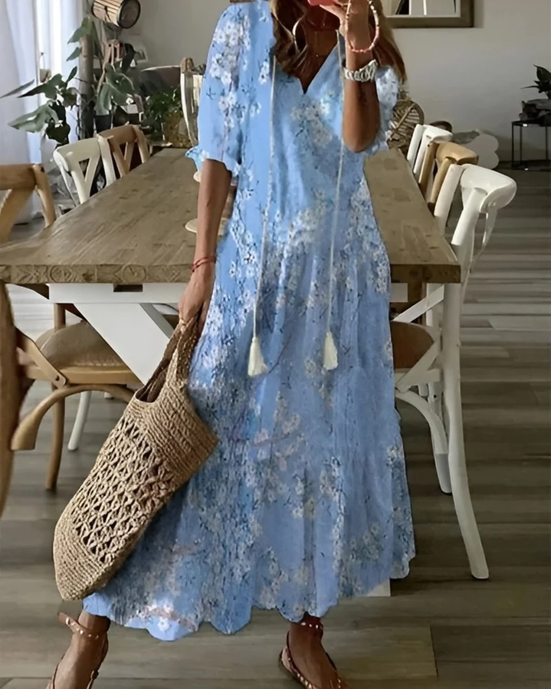 Robe longue imprimée à col en V pour femmes