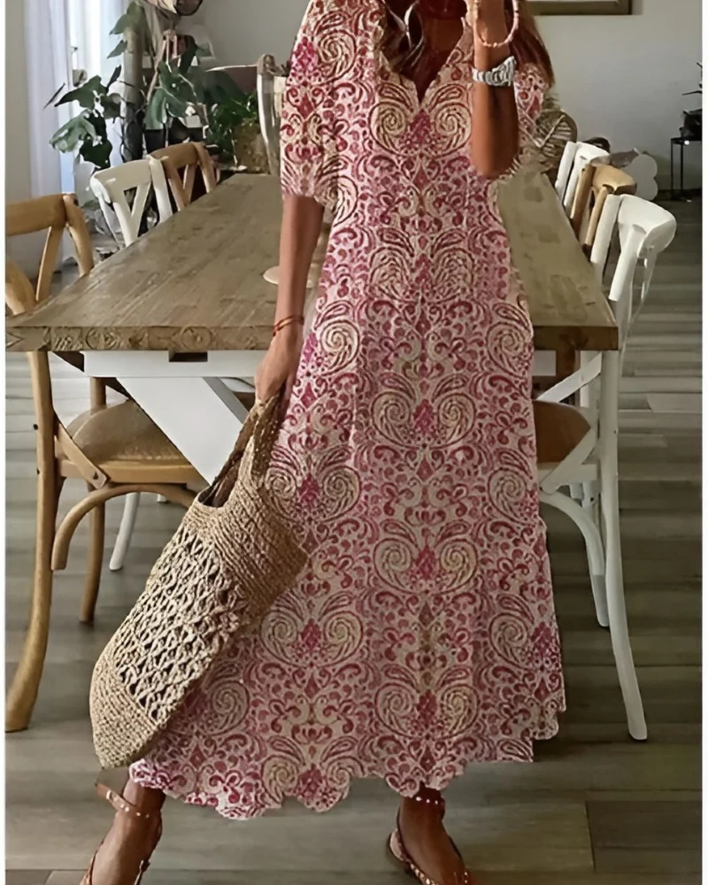 Robe longue imprimée à col en V pour femmes