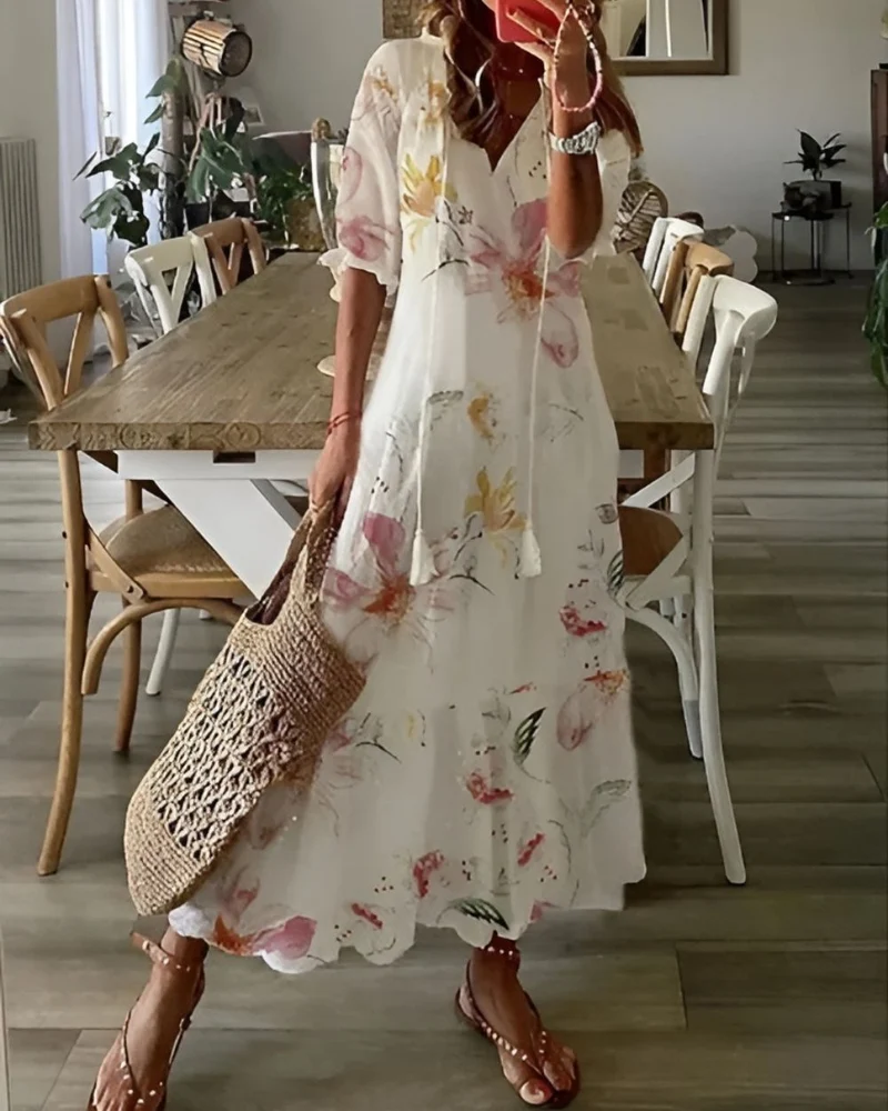 Robe longue imprimée à col en V pour femmes