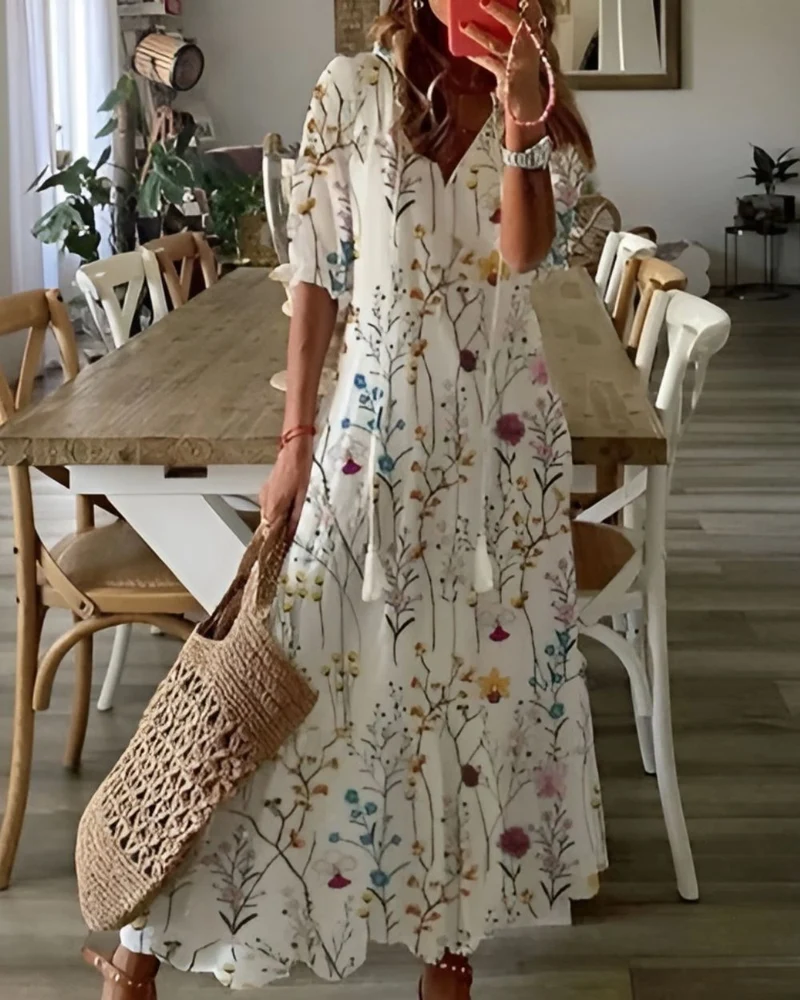 Robe longue imprimée à col en V pour femmes
