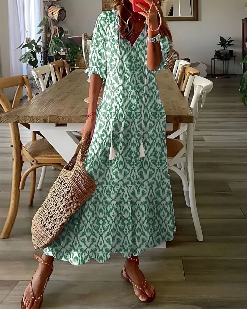Robe longue à motifs à col V pour femmes