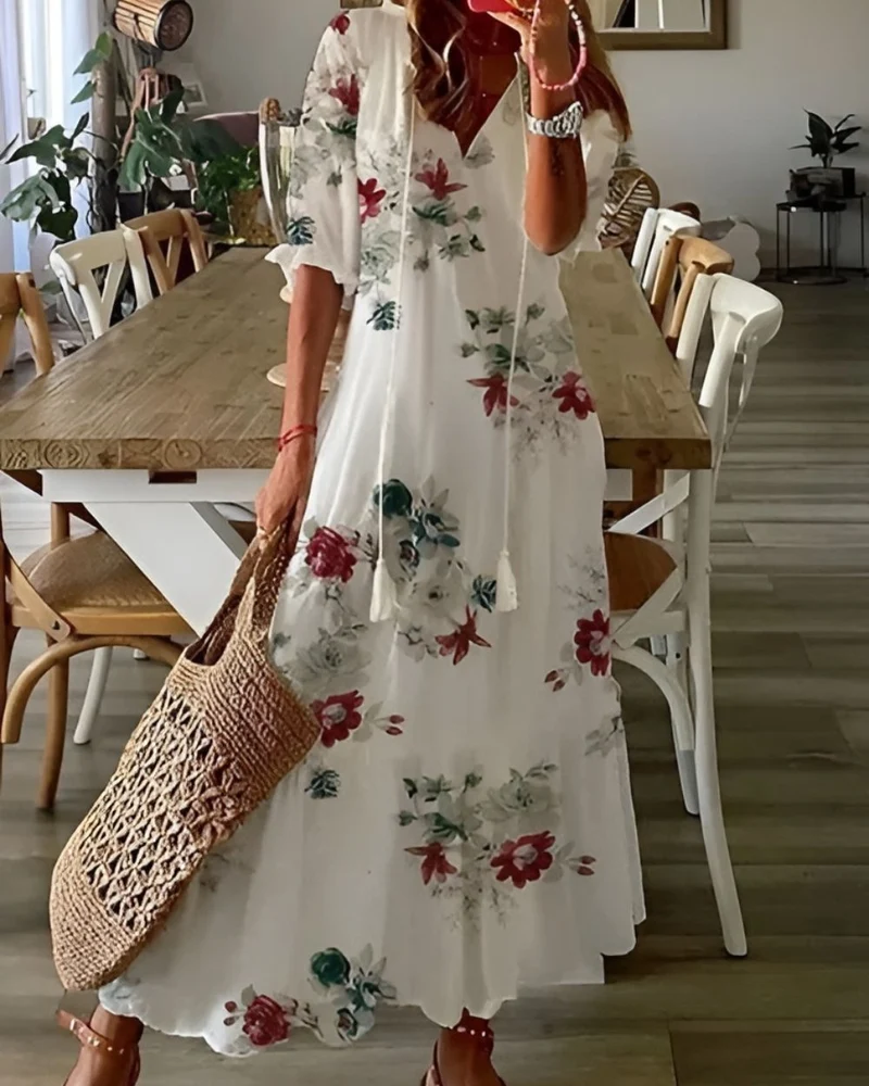 Robe longue à motifs à col V pour femmes
