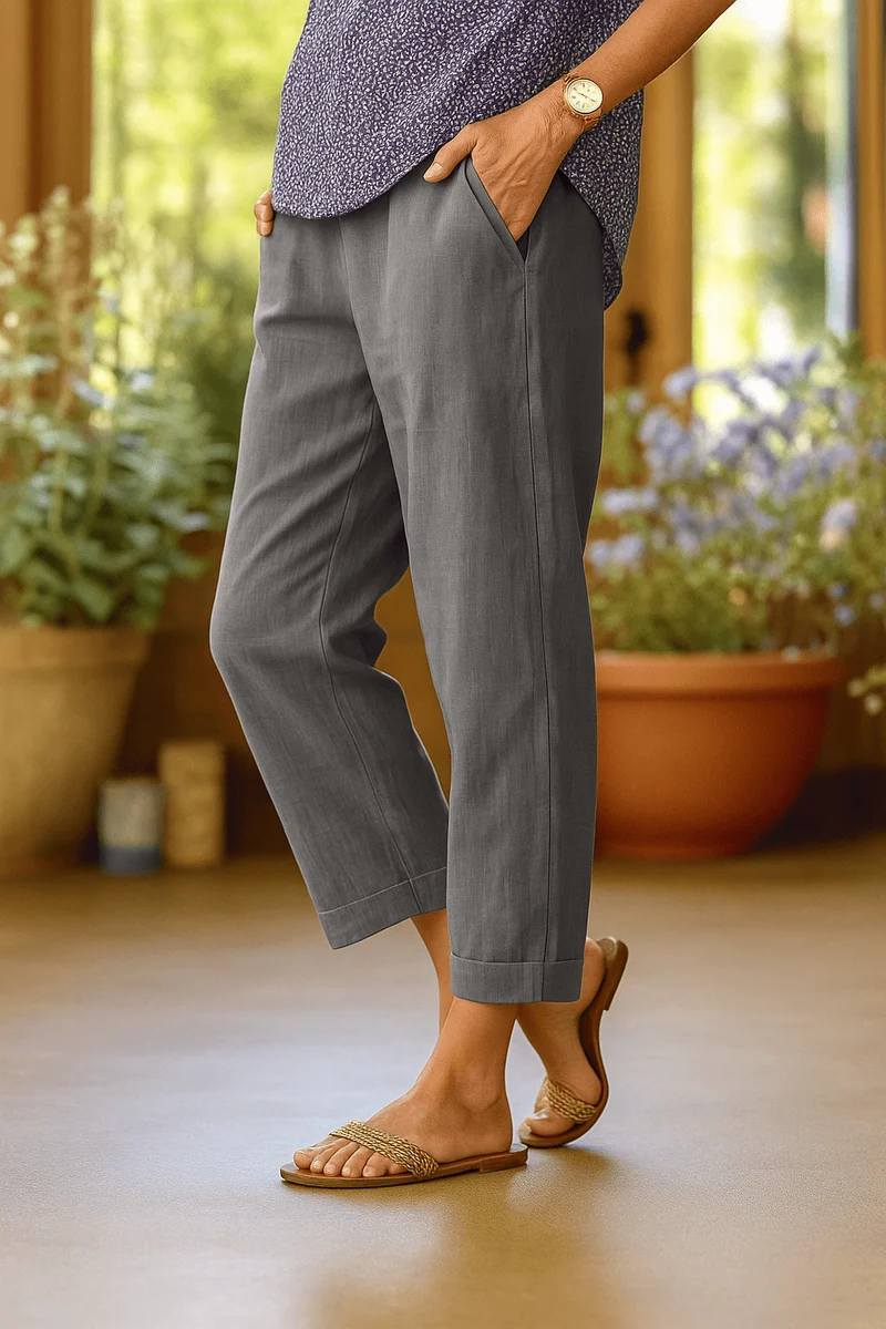 Pantalon droit en coton et lin pour femmes