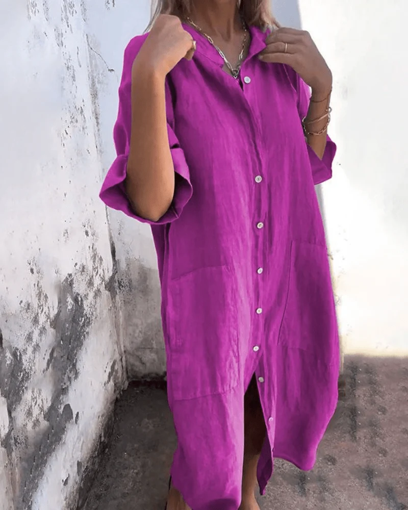 Robe Chemise Décontractée en Coton et Lin pour Femmes