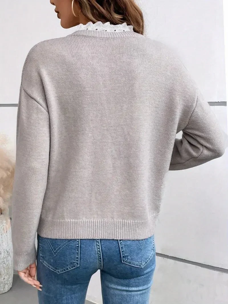 Pull en maille à col en V avec dentelle pour Femmes