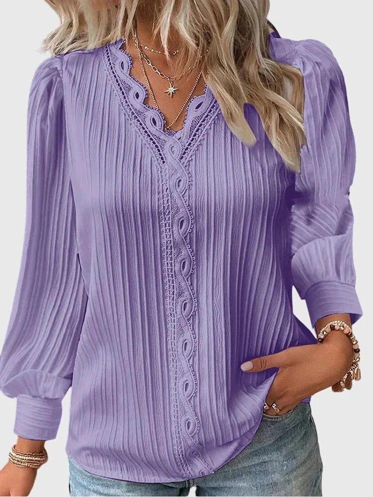 Blouse Pull-over à Col V avec Dentelle pour Femmes