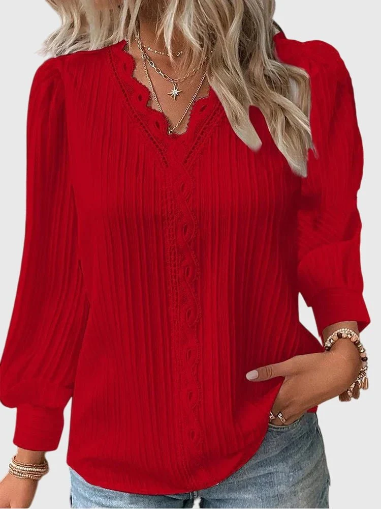 Blouse Pull-over à Col V avec Dentelle pour Femmes