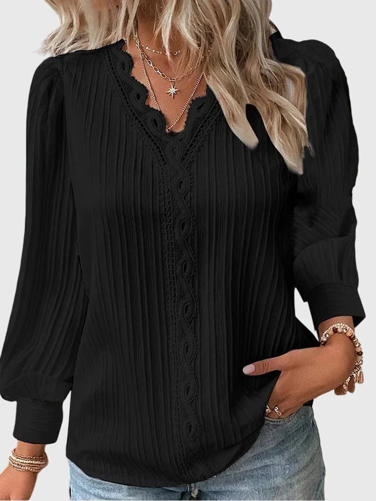 Blouse Pull-over à Col V avec Dentelle pour Femmes