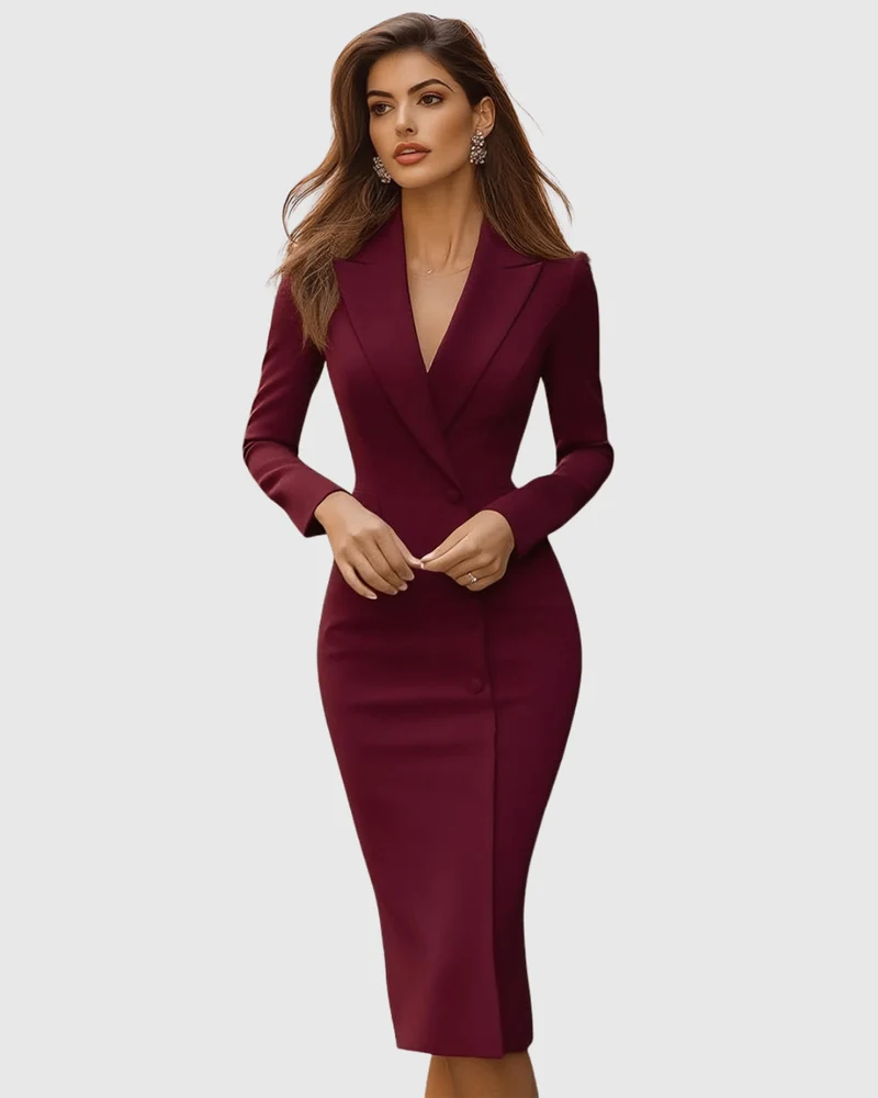 Robe midi cintrée à col tailleur à manches longues pour Femmes