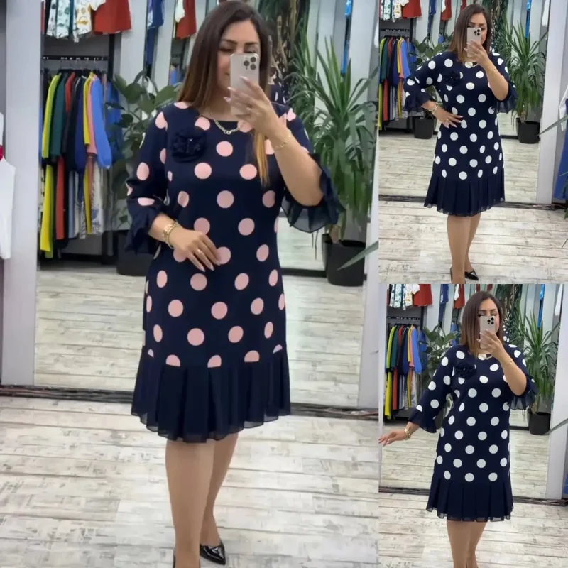 Robe mi-longue plissée à pois pour femmes