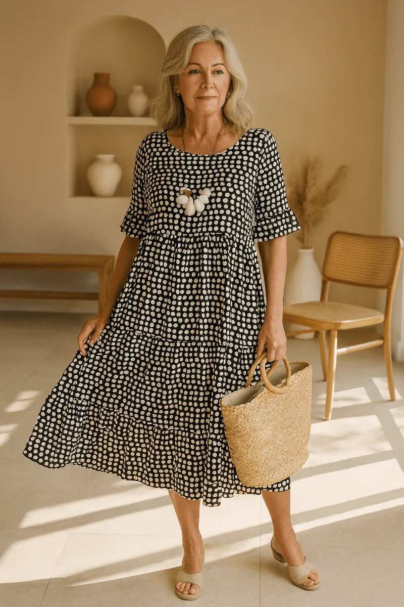 Robe Midi À Manches Évasées À Pois Beige