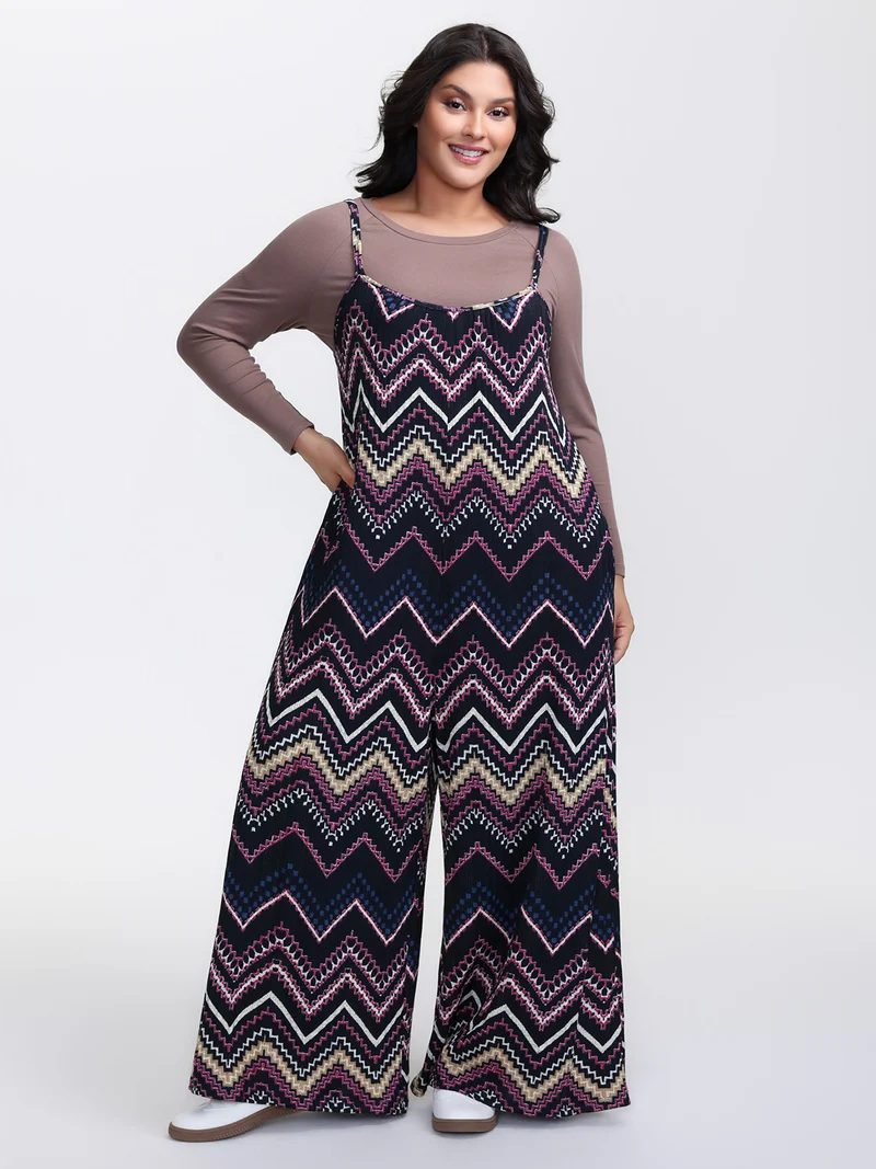 Ribbed Wavy Print Stretchy Sleep Jumpsuit