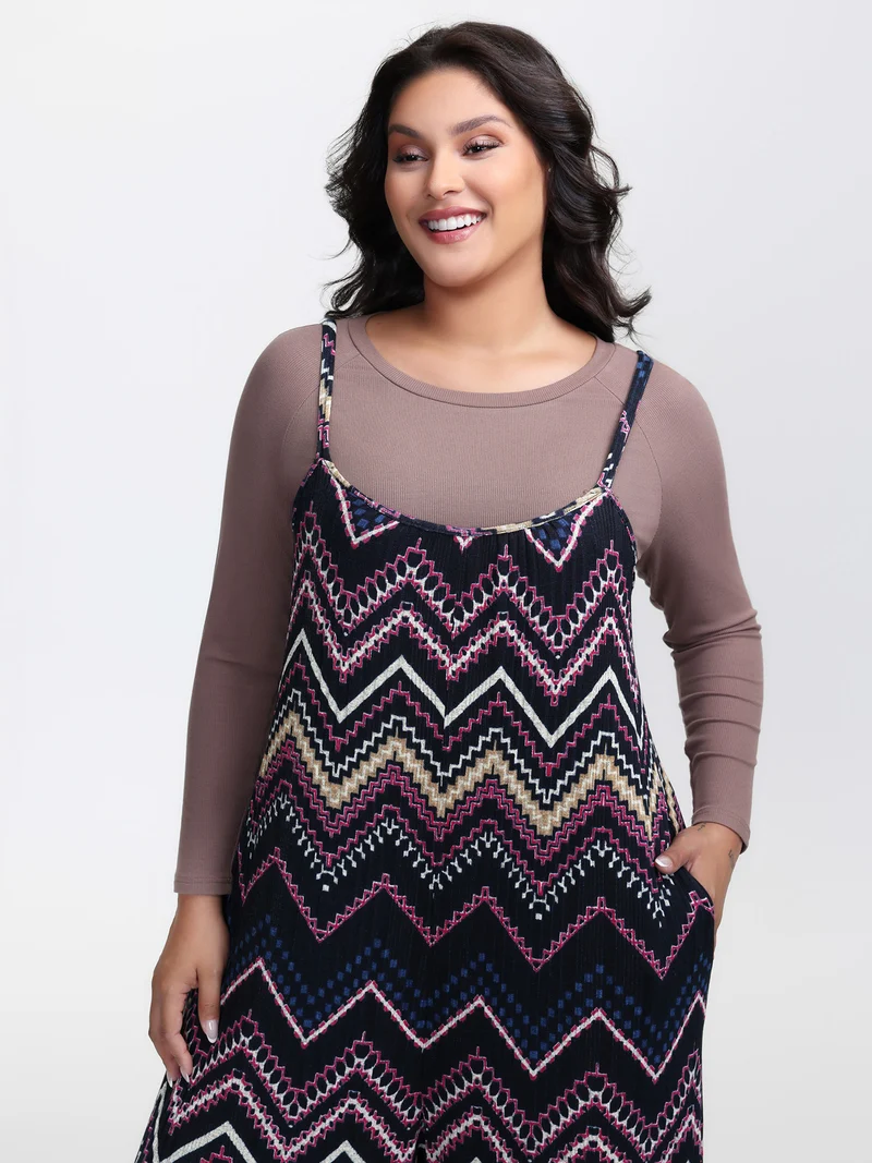 Ribbed Wavy Print Stretchy Sleep Jumpsuit