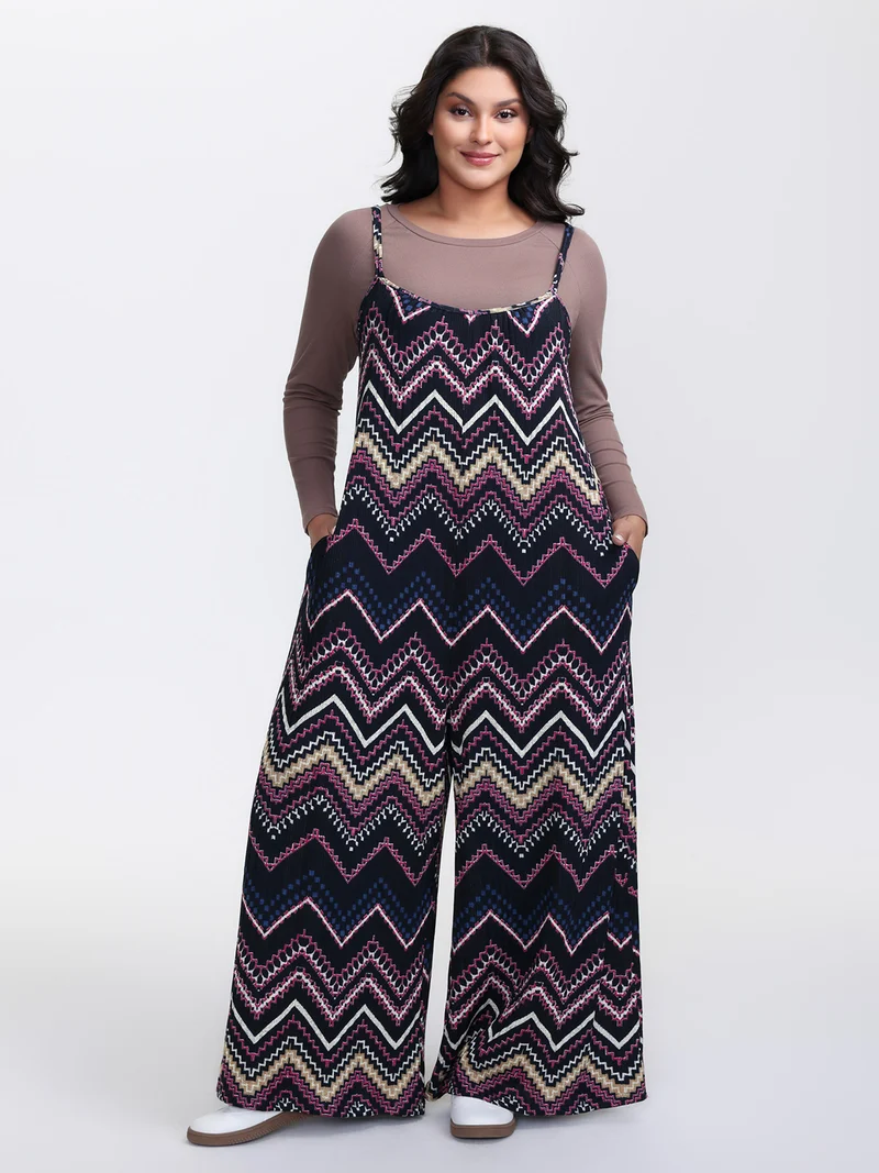 Ribbed Wavy Print Stretchy Sleep Jumpsuit